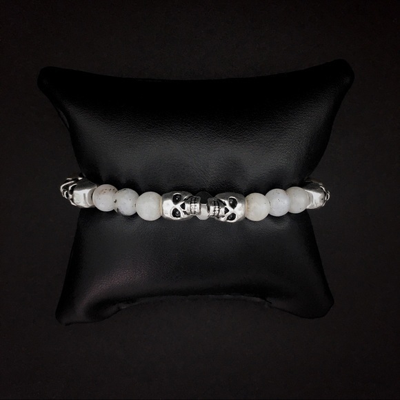 💀Silver Skull Labradorite & Hematite Men’s Beaded Bracelet Handmade Jewelry 8mm - Picture 5 of 5